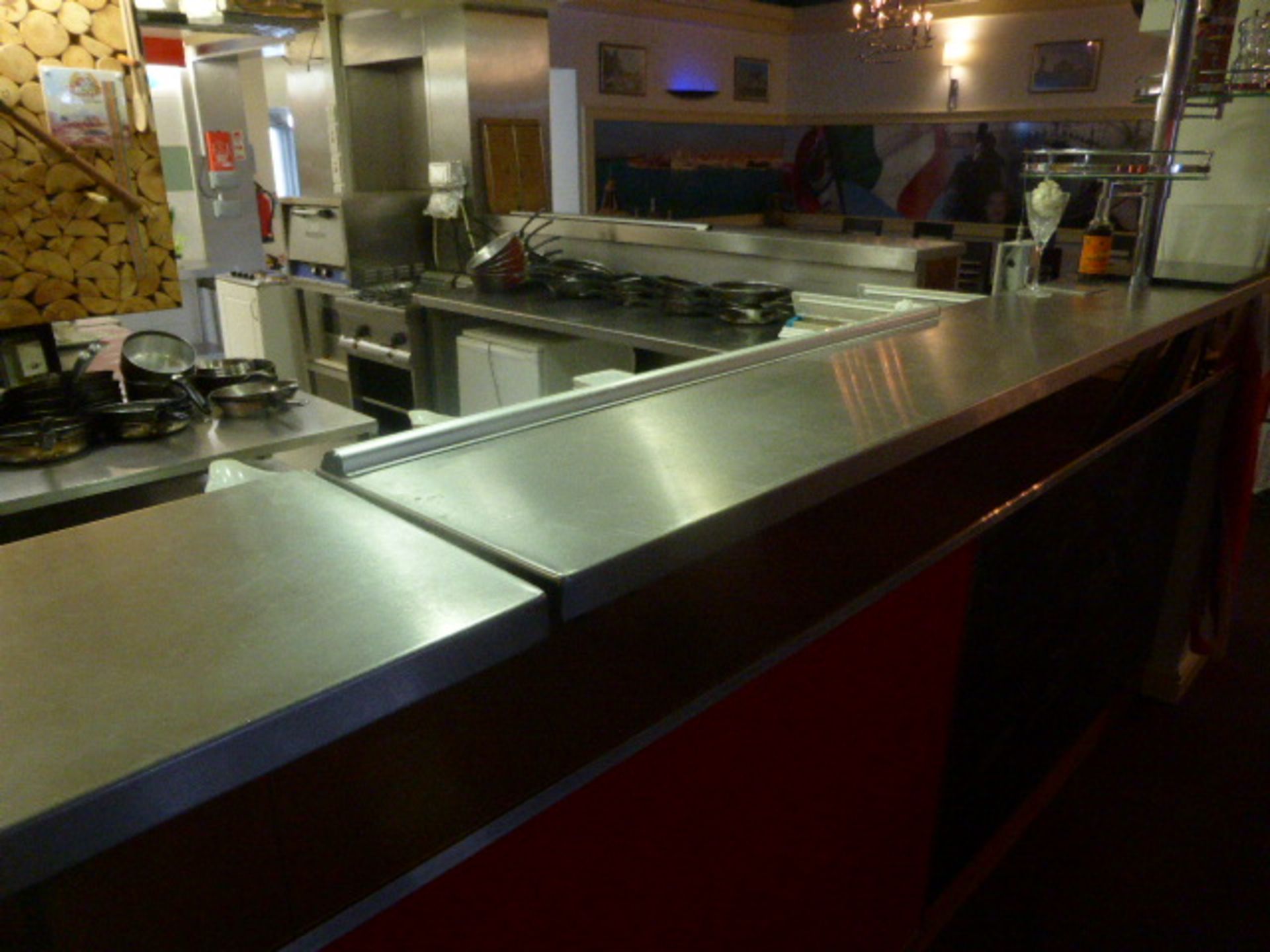 Large L shape stainless steel preparation area/servery measuring 550cm x 340cm built in a modular - Image 4 of 4