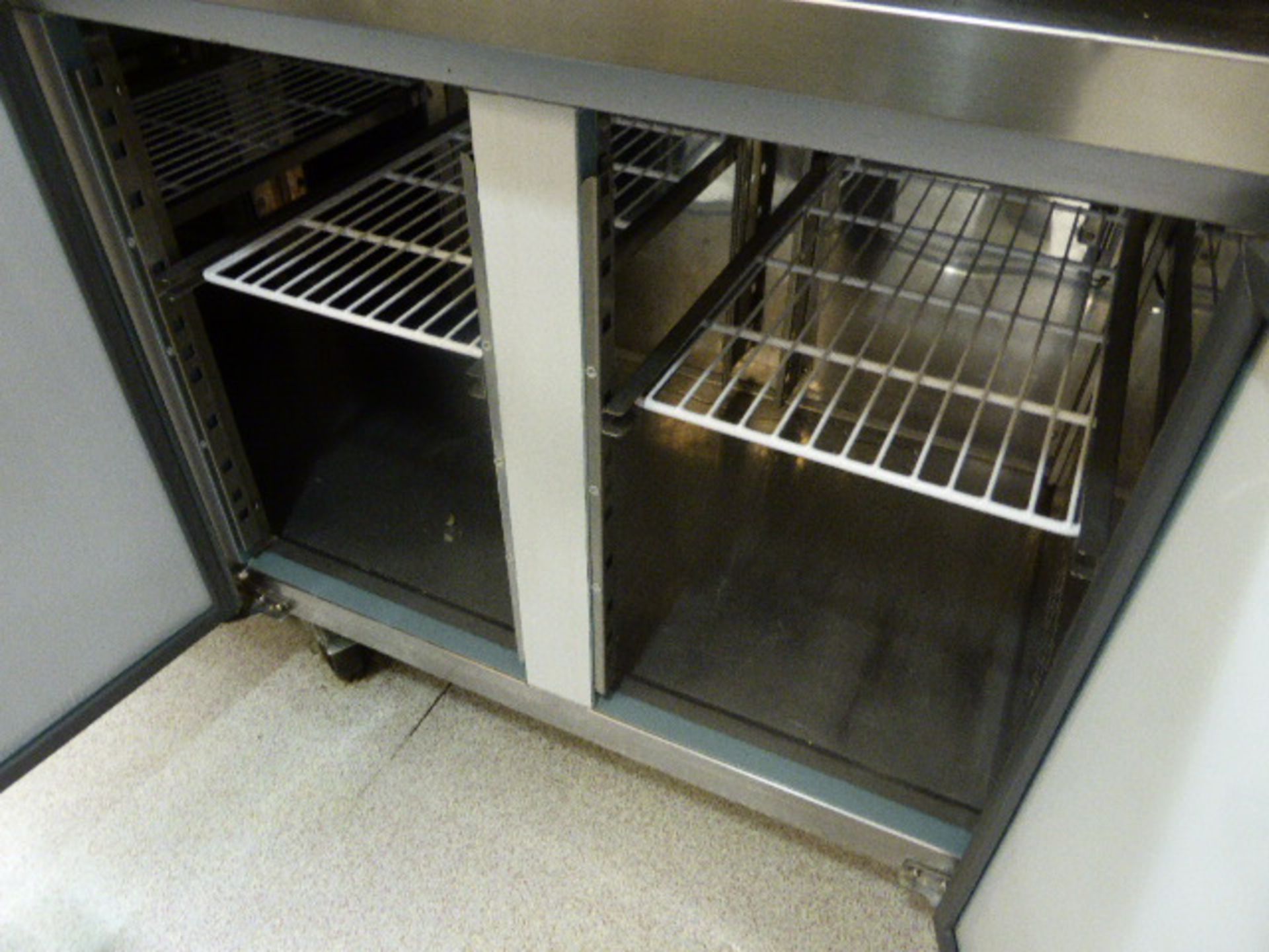 225cm Polar Refrigeration counter fridge with stainless steel prep top, 4 doors under on castors - Image 2 of 2