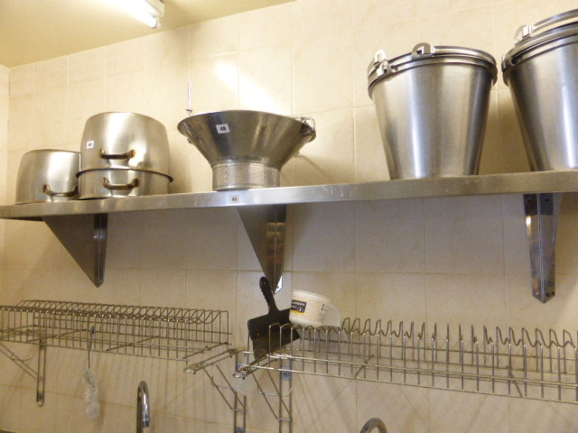 Three stainless steel wall mount shelves in the dishwashing area, 1 180cm, 2 150cm, plus one other