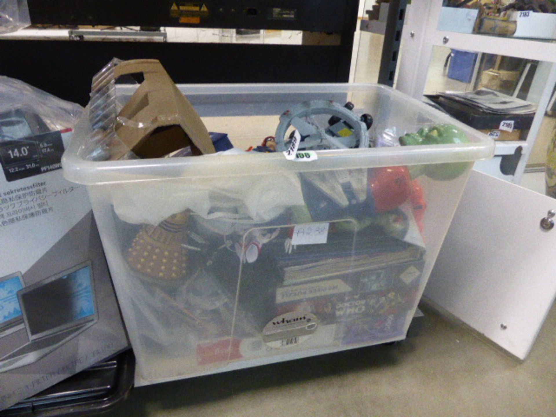 2198 Large plastic crate of various Doctor Who memorabilia toys, etc.