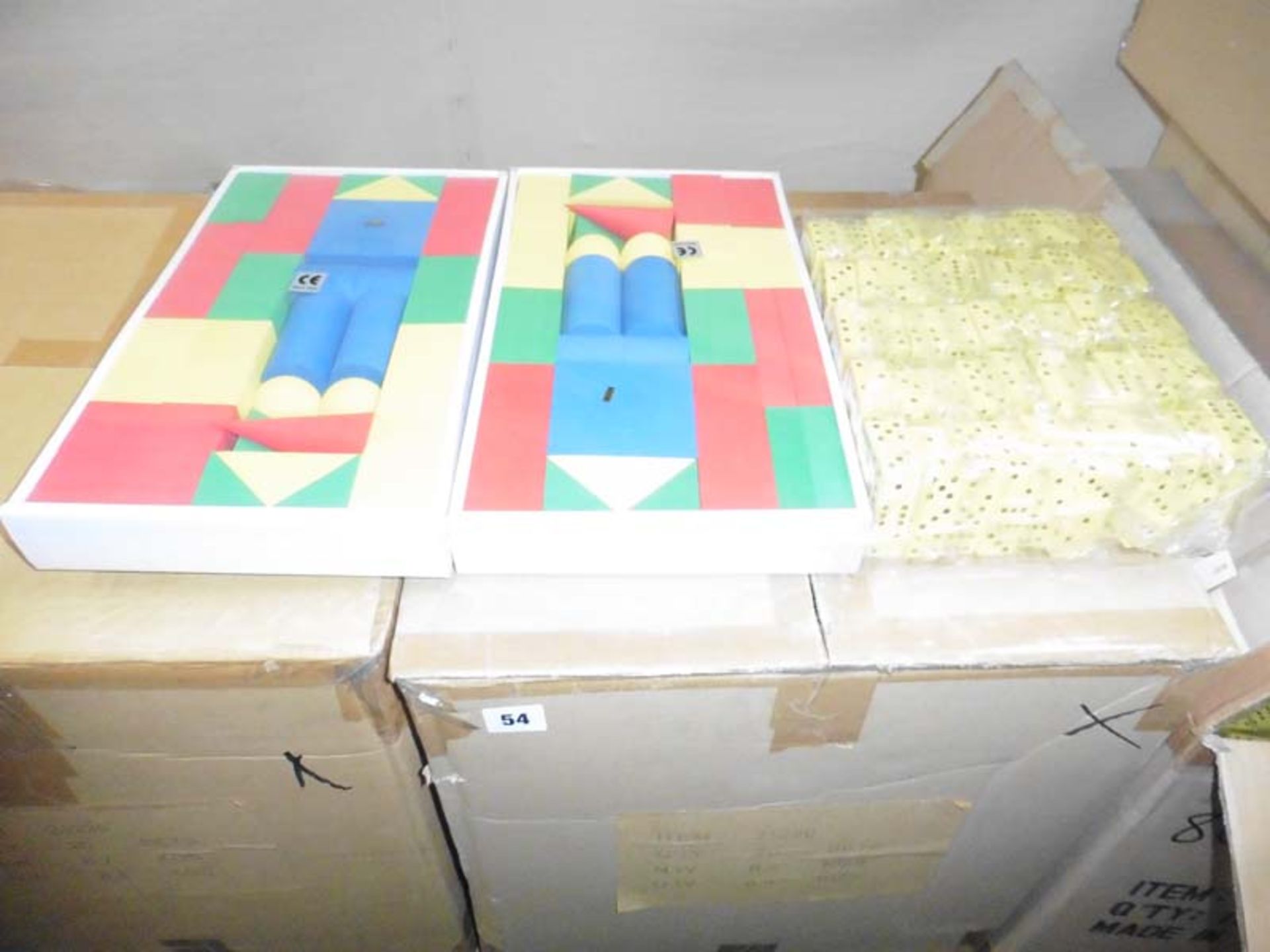 Pallet of foam shapes and dice approx 1500 dice and 50 sets of shapes