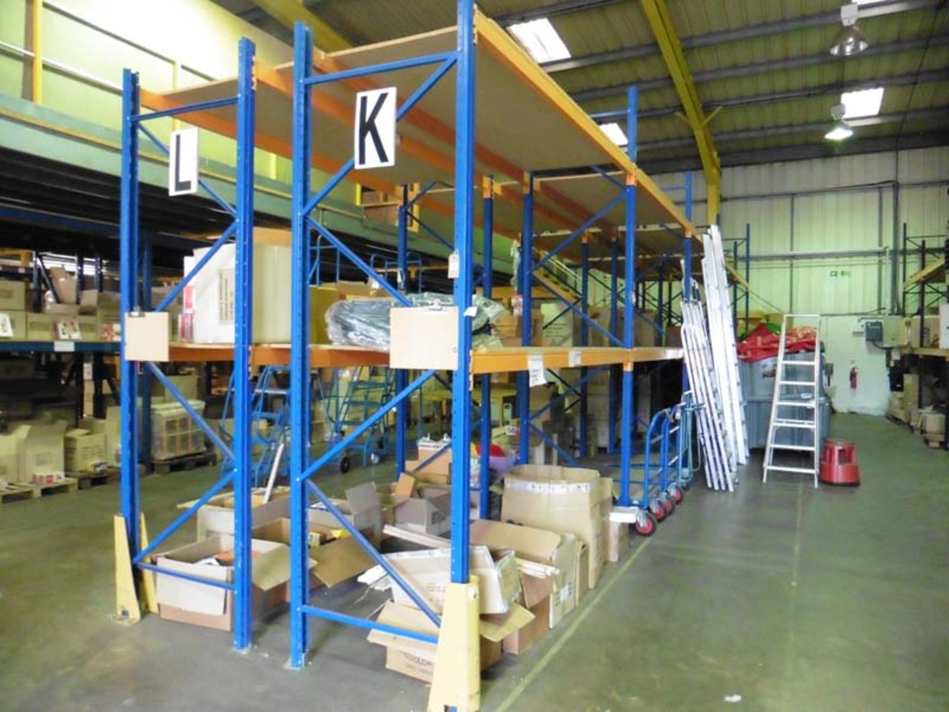 3 runs of pallet racking, comprising 12 blue KS end-frames, mostly 3.5m, 6 brown KS end-frames,