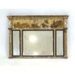 For Restoration: a three-panel overmantle mirror with a giltwood and plaster frame,