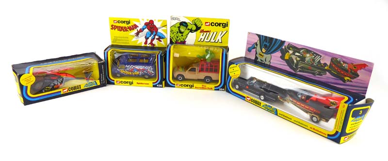 Four Corgi comic book models comprising: 3 Batmobile and Batboat, 264 The Incredible Hulk,