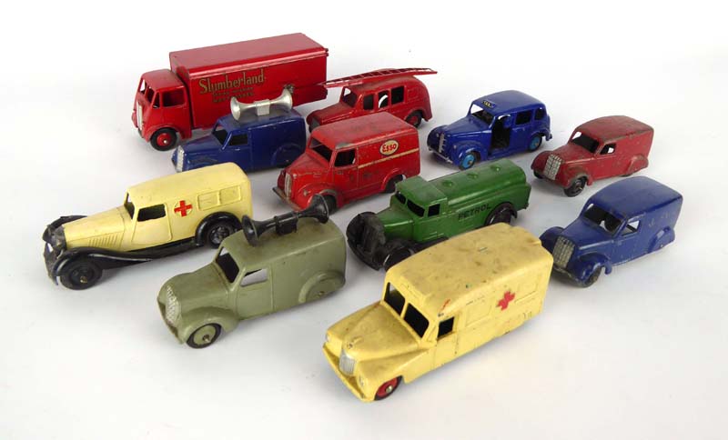 A mixed group of pre-war and later diecast commercial models, mostly Dinky including petrol tankers,