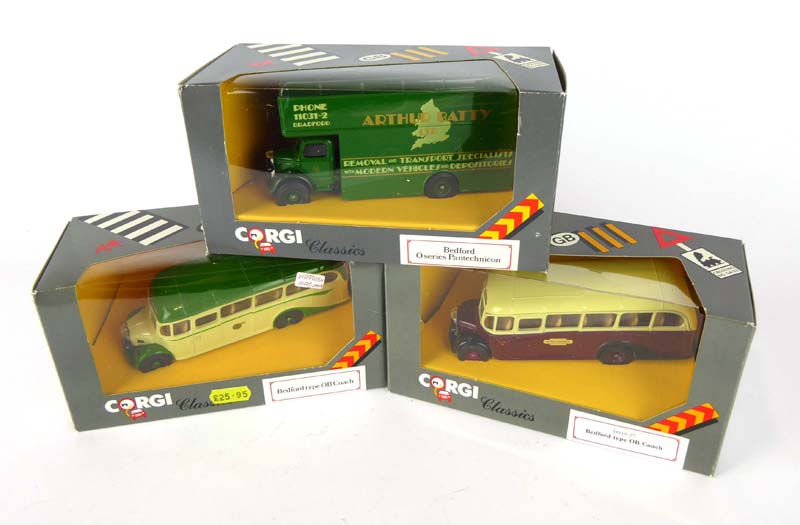 Twelve Corgi Classic models comprising: 1 x Bedford O series Pantechnicon and 11 x Bedford type OB