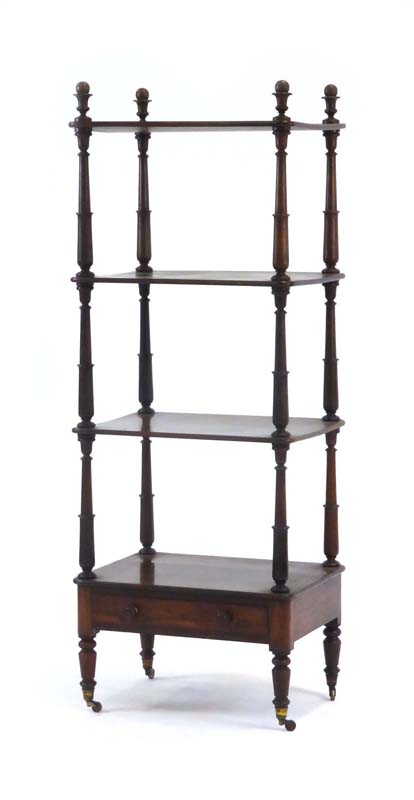 A 19th century rosewood four-tier what-not with a single drawer, turned support and castors, w.