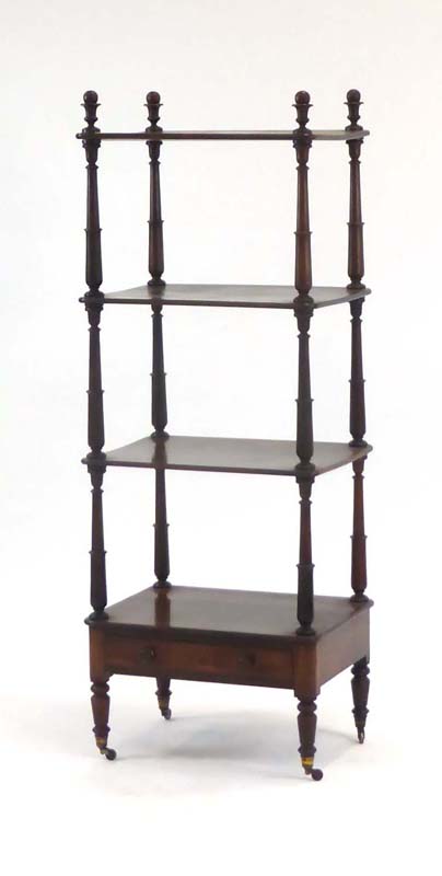 A 19th century rosewood four-tier what-not with a single drawer, turned support and castors, w. - Image 3 of 5