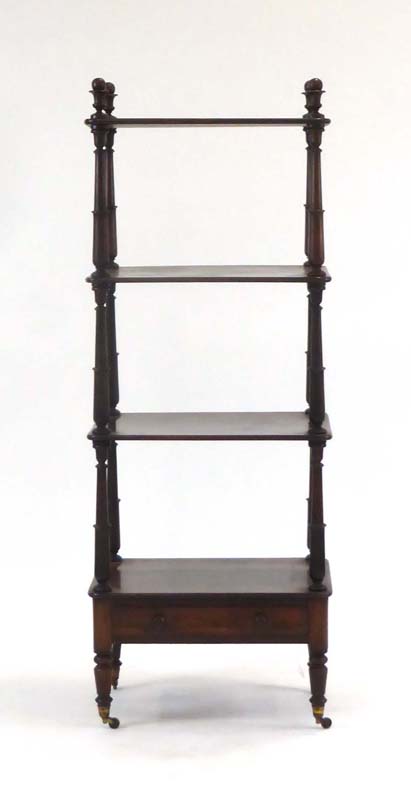 A 19th century rosewood four-tier what-not with a single drawer, turned support and castors, w. - Image 4 of 5