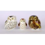 Three Royal Crown Derby paperweights each modelled as an owl, max h. 7.