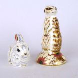 Two Royal Crown Derby paperweights modelled as a meerkat and a bunny, max h.