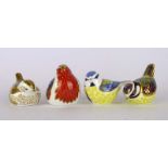 Four Royal Crown Derby paperweights each modelled as bird including a firecrest, a garden blue tit,