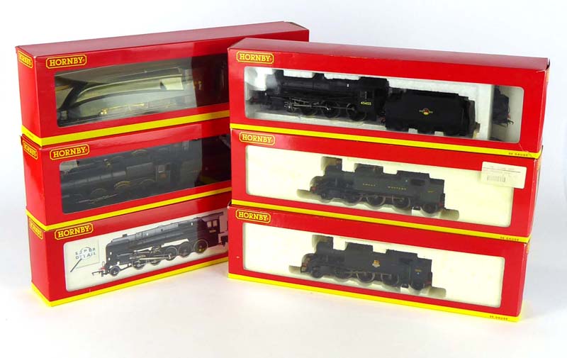 Six Hornby OO gauge loco's and tenders including R2105D BR 2-10-0, R2321 BR 4-6-0 and four others,