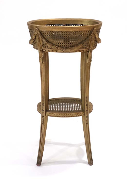 A 19th century gilt plant stand with bergere side panels and swag decoration on splayed legs - Image 3 of 3