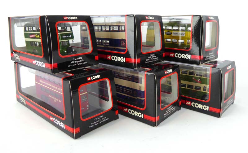 Nine Corgi The Original Omnibus limited edition models, each modelled as a bus,