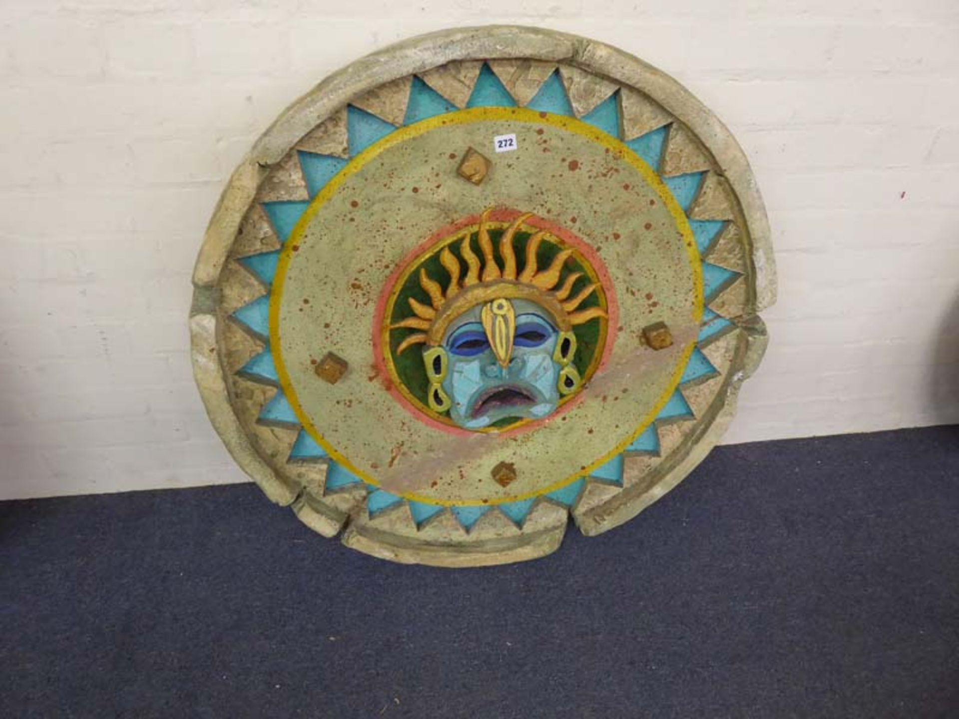 Timber and plaster finish circular Mexican style display with central sun God pattern, 920mm