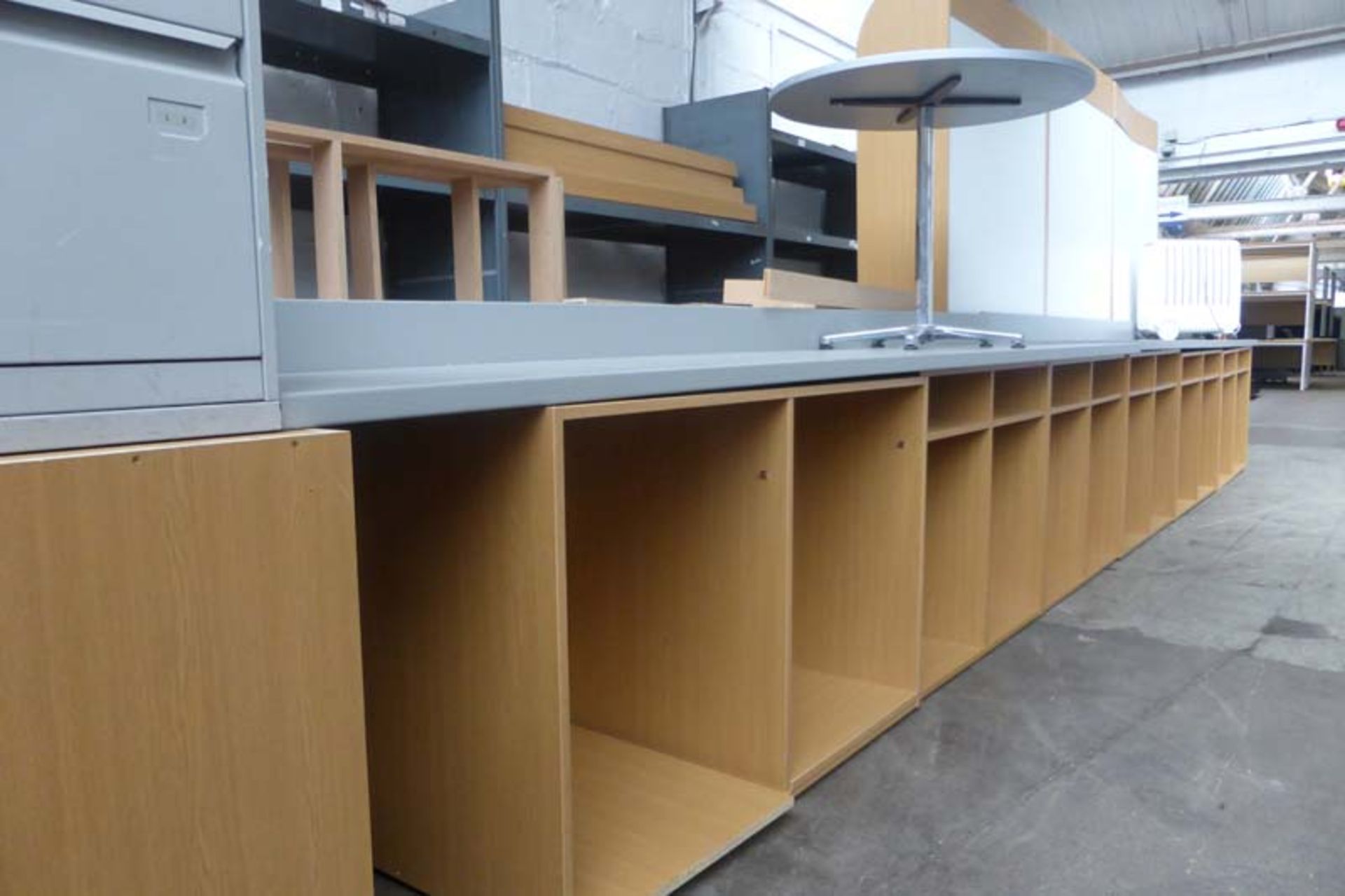 Large quantity of light oak shop display shelving for a haberdashery with grey work tops, large tile - Image 5 of 5