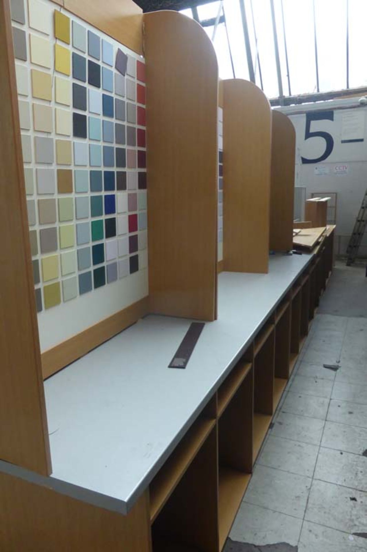 Large quantity of light oak shop display shelving for a haberdashery with grey work tops, large tile - Image 2 of 5