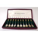 A cased set of ten silver gilt 'The Queen's Beasts' spoons commemorating the Silver Wedding