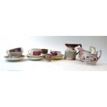 A mixed group of late 18th/early 19th century Sunderland lustre table ware comprising a water jug,