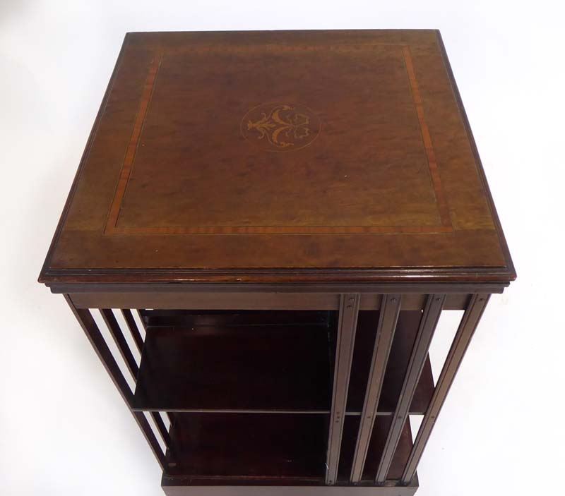 An Edwardian walnut, crossbanded and marquetry revolving bookcase, h. - Image 2 of 2