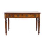 A William IV mahogany side table with three drawers on turned tapering legs, w.