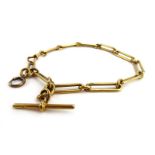 A 19th century 18ct yellow gold elongated link watch chain with t-bar and lobster clasp,