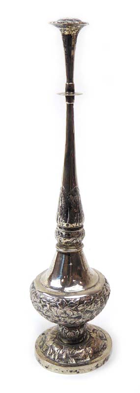 A late 19th/early 20th century Anglo-Indian metalware rose water sprinkler of elongated vase shaped