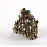 A 9ct yellow gold bark design ring set semi-precious stones, ring size O 1/2, 10.