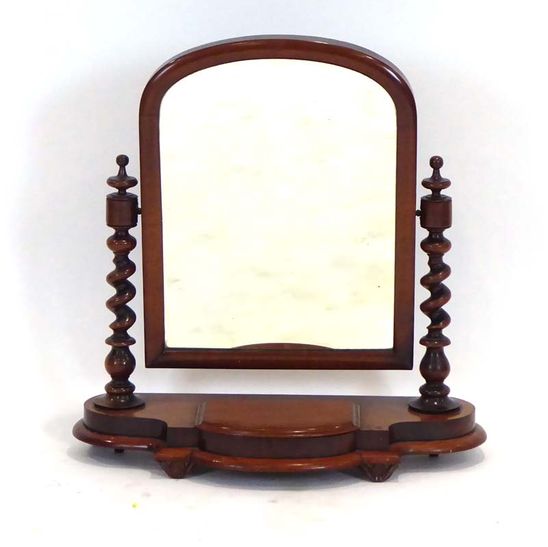 A Victorian mahogany dressing table mirror with barley twist supports and a platform base, h.