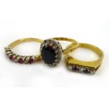 Three 18ct yellow gold rings set small diamonds and rubies, various sizes, overall 12.