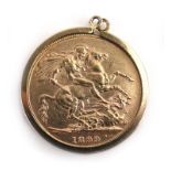 A 9ct yellow gold pendant suspending a Victorian sovereign dated 1899 in a loose mount, overall 9.