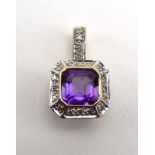 A 9ct yellow gold pendant set square cut amethyst within a border of diamonds, l. 1.7 cm, 1.