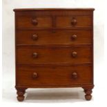 A Victorian mahogany bow fronted chest of two short over three long drawers on turned feet, w.