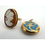 A 9ct yellow gold ring set oval cameo depicting a classical female head and shoulders,