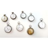 A group of eight 19th century and later silver and metalware cased fob watches, largest dial d. 3.