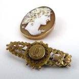 A 9ct yellow gold cameo brooch of oval form depicting a classical female head and shoulders, l. 3.