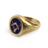 A gentleman's 9ct yellow gold signet ring with swivel section having Masonic enamelled decoration