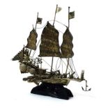 An Eastern metalware model of a three master sailing vessel, h.