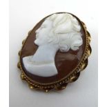 A 9ct yellow gold mounted cameo brooch of oval form depicting a classical female head and shoulders,