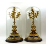 A pair of six-branch gilt candelabrum with porcelain plaques, under glass domes, overall h.