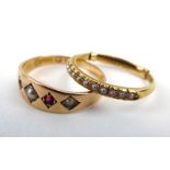 An 18ct yellow gold half eternity ring set seed pearls, ring size N 1/2,