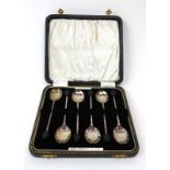 A cased set of six silver bean end coffee spoons in the Art Deco manner,