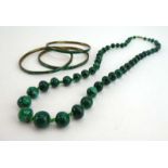 A malachite graduated bead necklace, largest bead d. 1.2 cm, l.