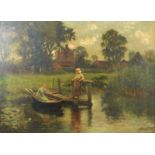 Arthur Verey (1840-1915), Figures rowing by a lake, signed, oil on canvas, 42.5 x 59.