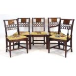 A set of five Regency mahogany dining chairs with interlaced backs over drop-in seats on square