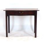 A George III mahogany serpentine fronted side table with a single drawer on square legs, w.