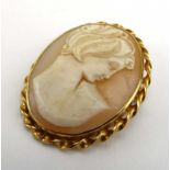 A 9ct yellow gold mounted cameo brooch of oval form depicting a classical female figure head and