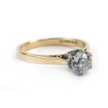 An 18ct yellow gold ring set brilliant cut diamond in a six claw setting, stone approximately 0.