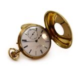 A late 19th century 18ct yellow gold cased half hunter pocket watch by Benson,